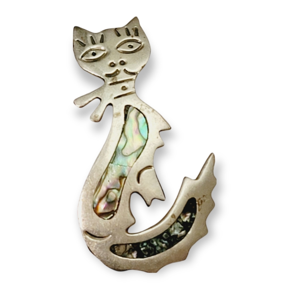 Alpaca Mexico Abalone Shell Vintage Cat Pin Brooch